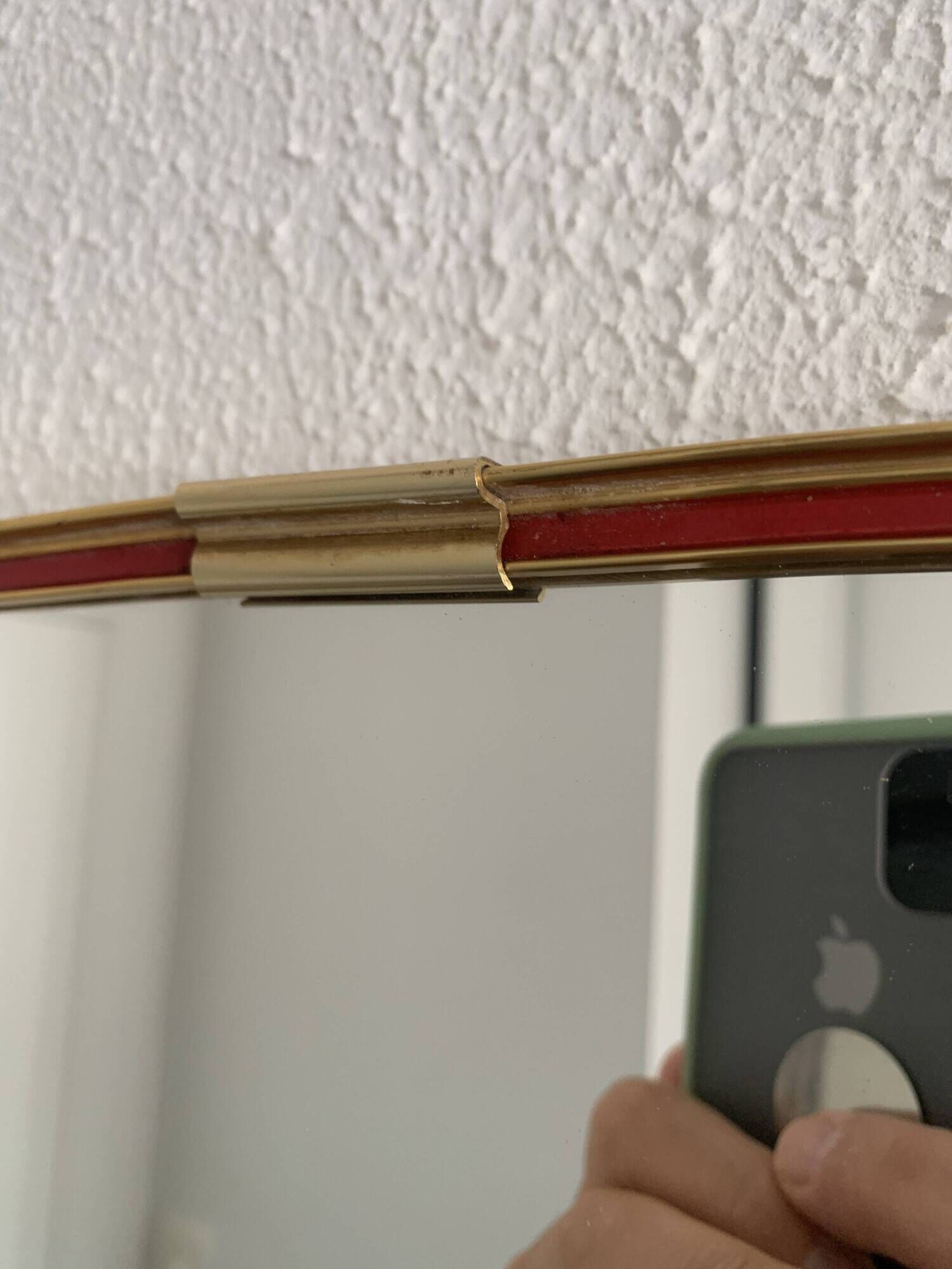 Vintage 1960 asymmetrical mirror, free-form, gold and red - 71 x 3