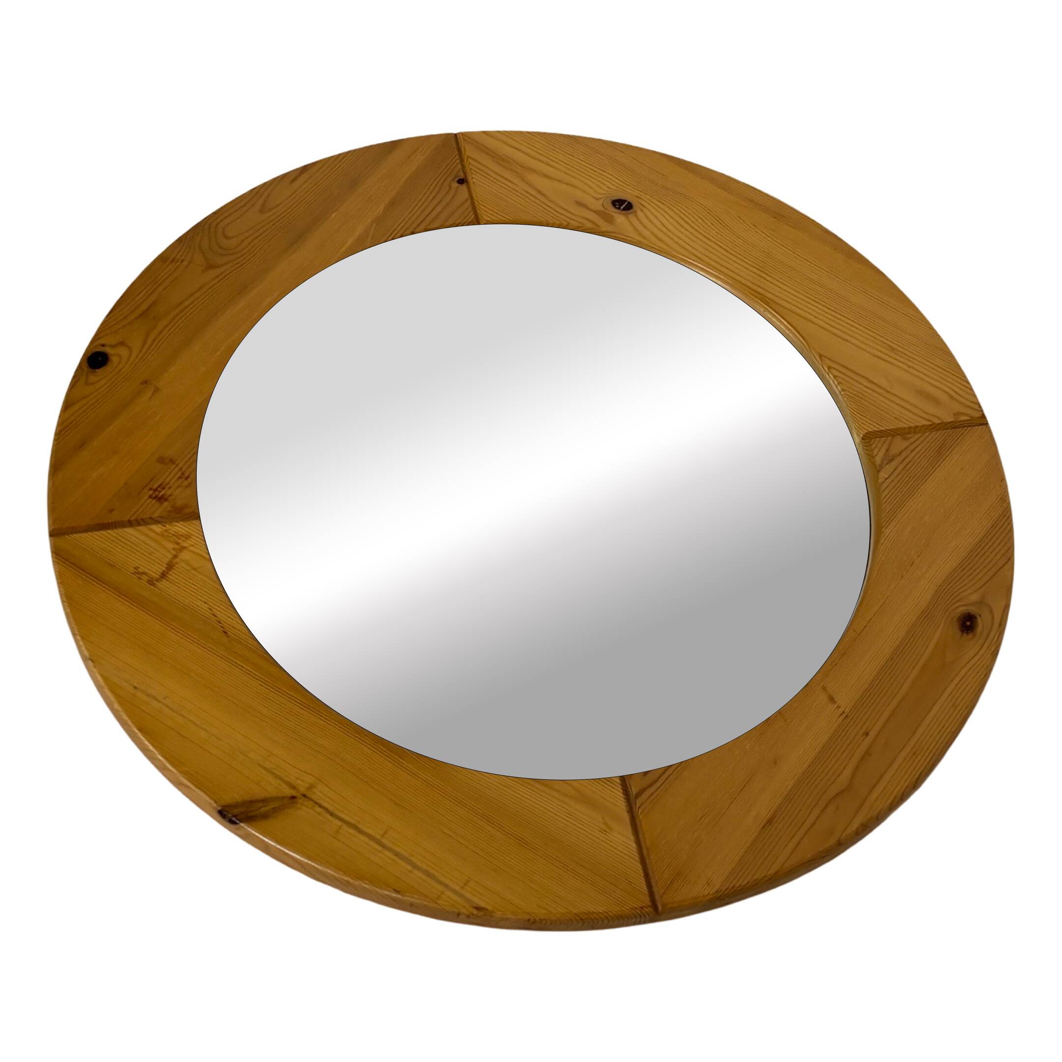 Vintage 70s round pine mirror Swedish design