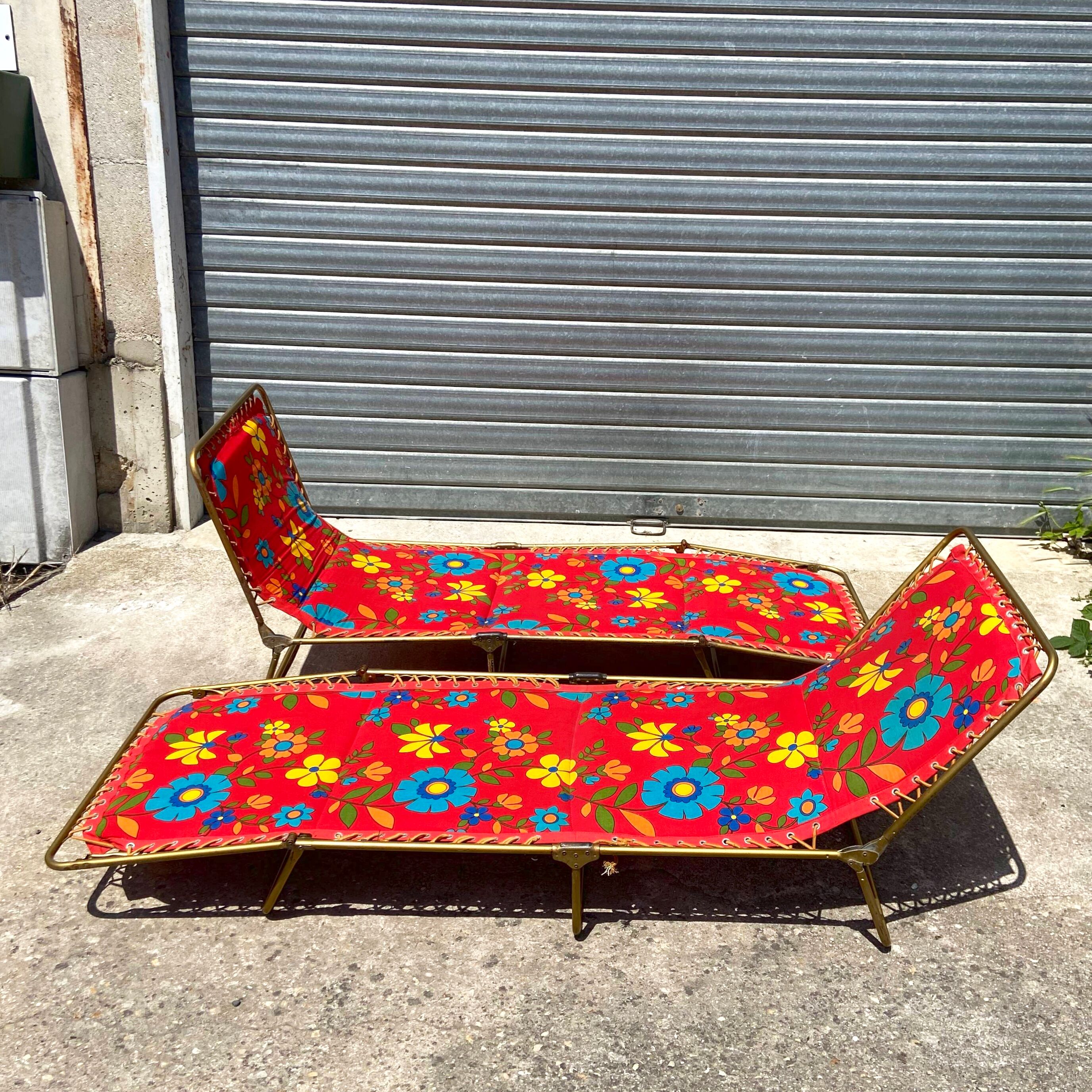Transat chaise longue lafuma camping vintage fleur 1970