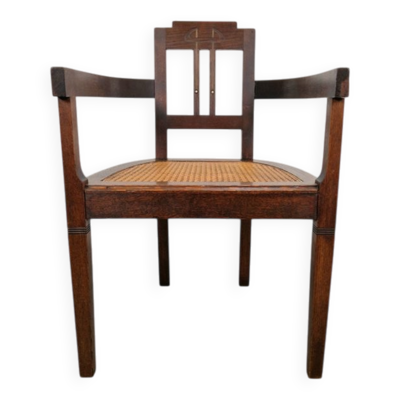 Fauteuil Art Nouveau Deco en osier, chêne et cuivre, années 1920