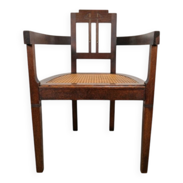 Fauteuil Art Nouveau Deco en osier, chêne et cuivre, années 1920