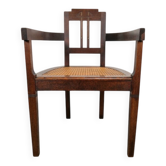 Fauteuil Art Nouveau Deco en osier, chêne et cuivre, années 1920