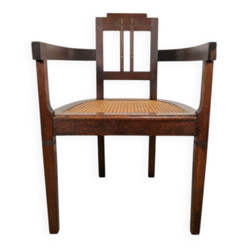 Art Nouveau Deco Armchair in Rattan Webbing, Oak and Copper, 1920s