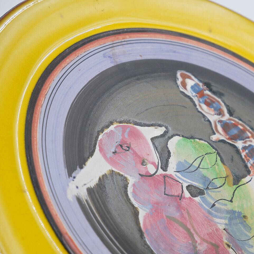 Gilbert Portanier Unique Art Yellow Pottery Plate Signed - 1982 - Vallauris