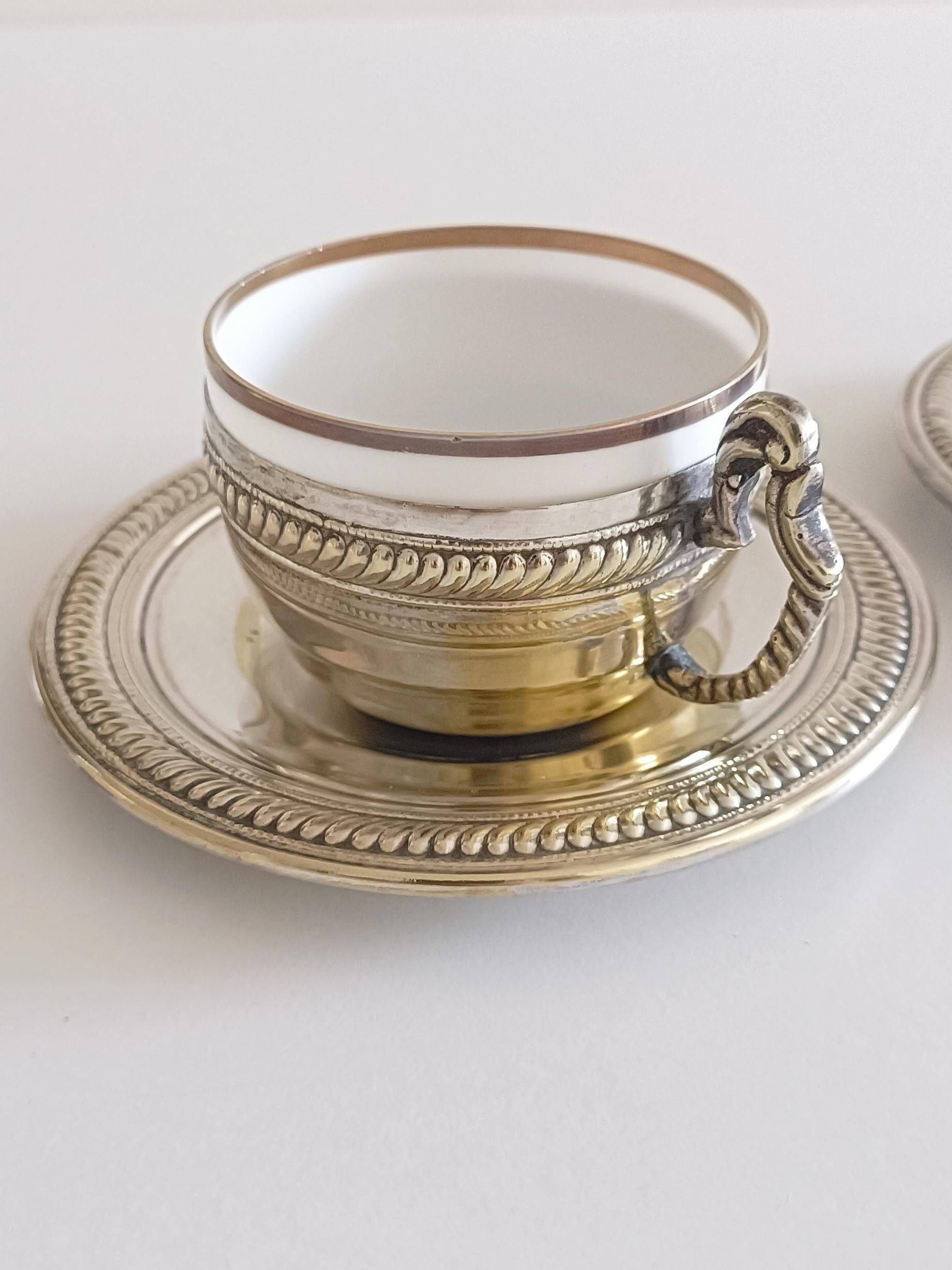 Victorian Alpaca Silver Tea or Coffee Pair of Cups and Plates, England 19th C.