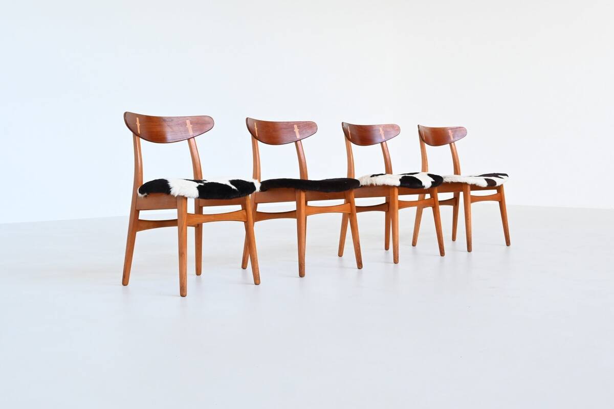 Hans Wegner model CH30 dining chairs in cowskin Carl Hansen Denmark 1952