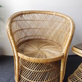 Ensemble vintage de chaises de paon en osier et table des années 60