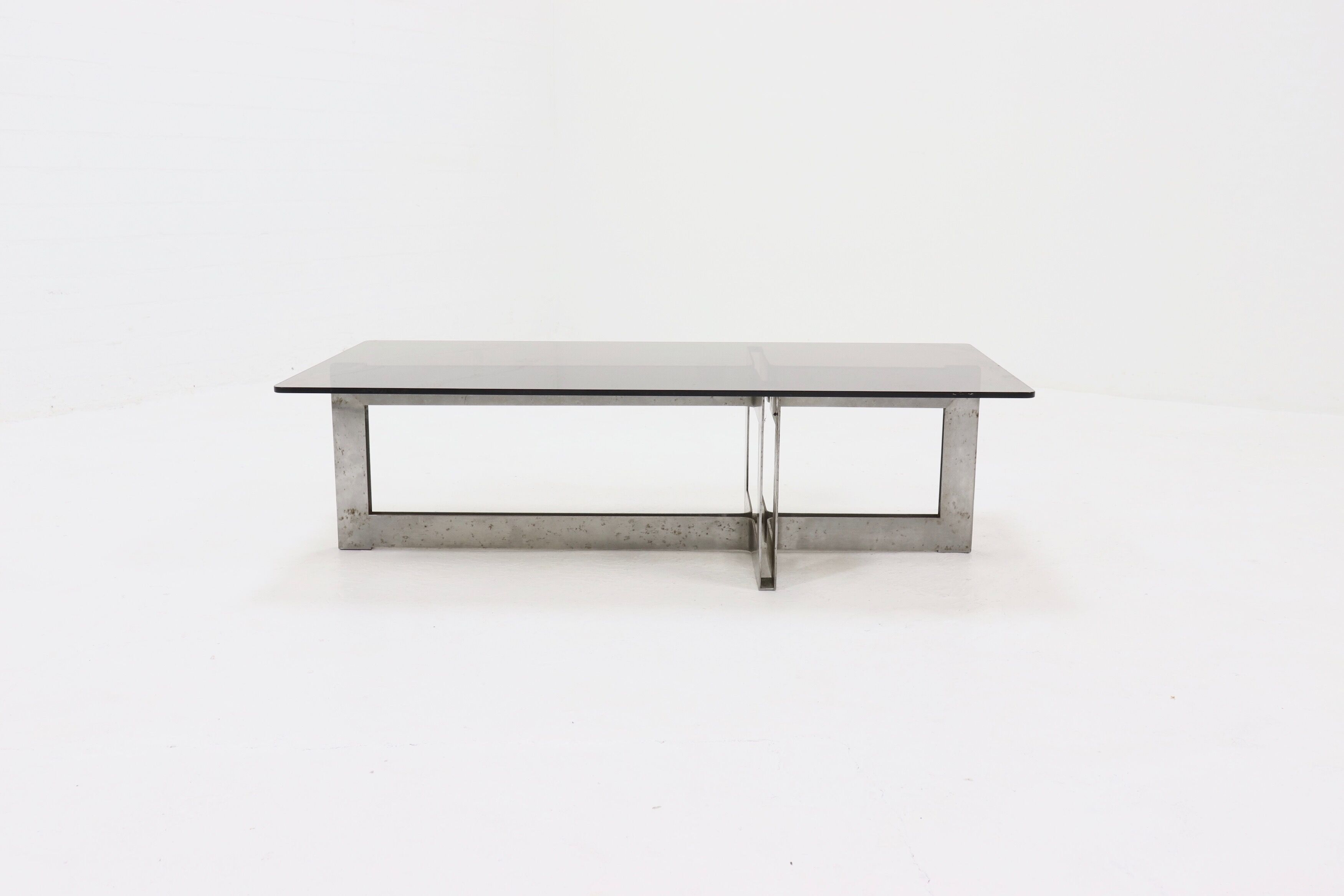 Brutalist steel and smoked glass coffee table 1970s