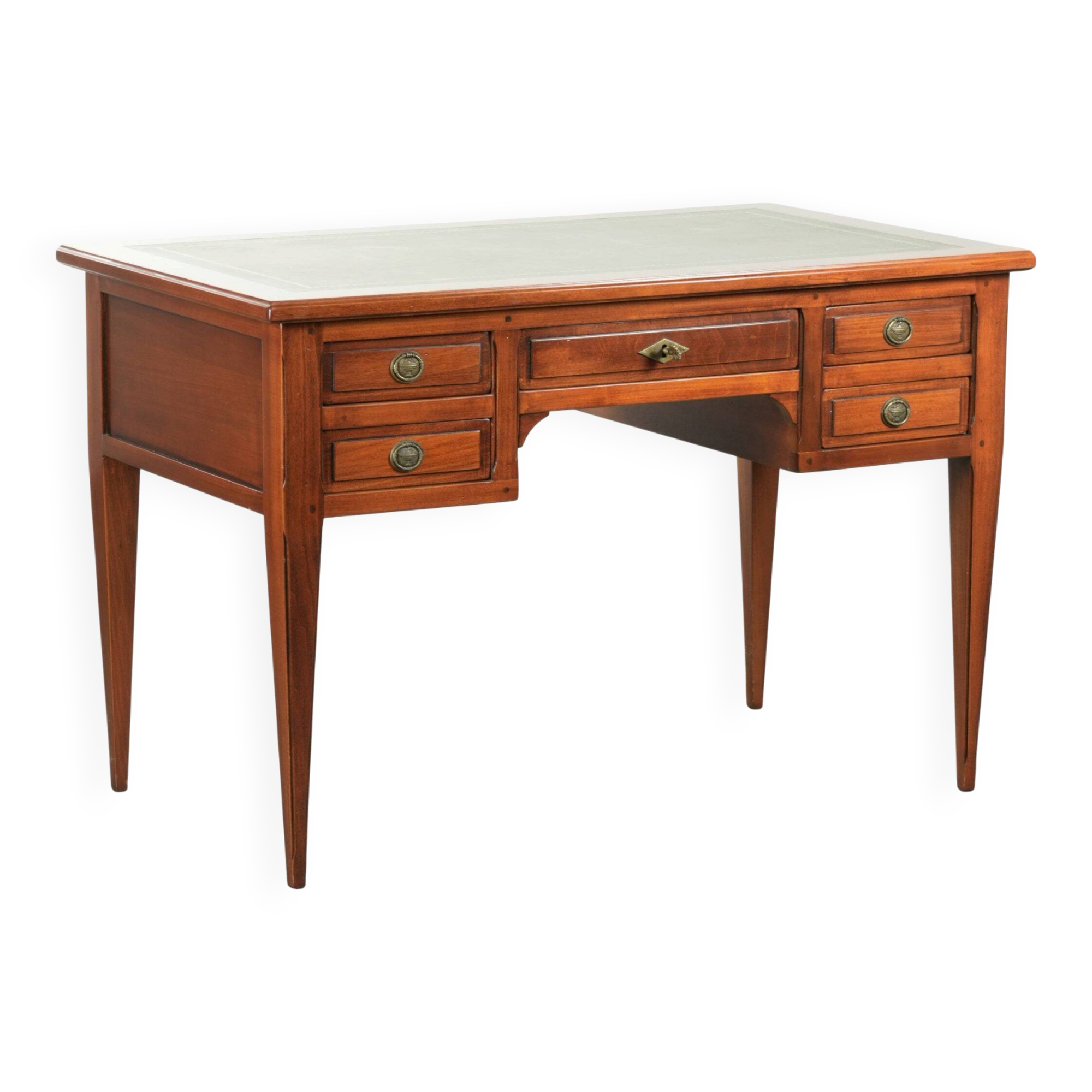 Elegant English style desk with green leather top, gold details and drawers