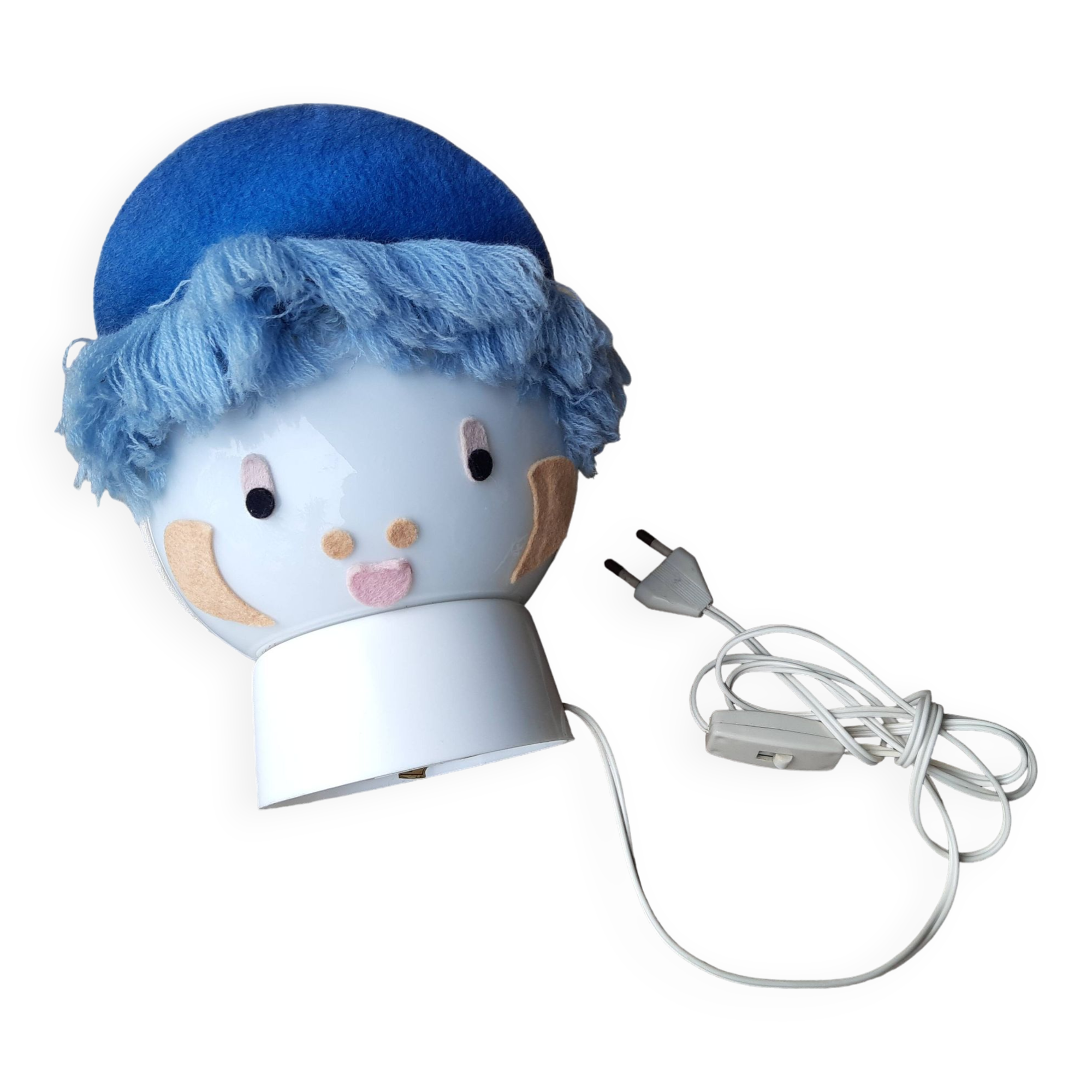 Small blue bedside lamp, child's head globe, vintage 1970