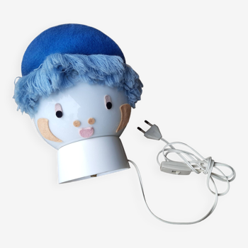 Petite lampe de chevet bleue, globe tête enfant, vintage 1970