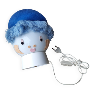 Petite lampe de chevet bleue, globe tête enfant, vintage 1970