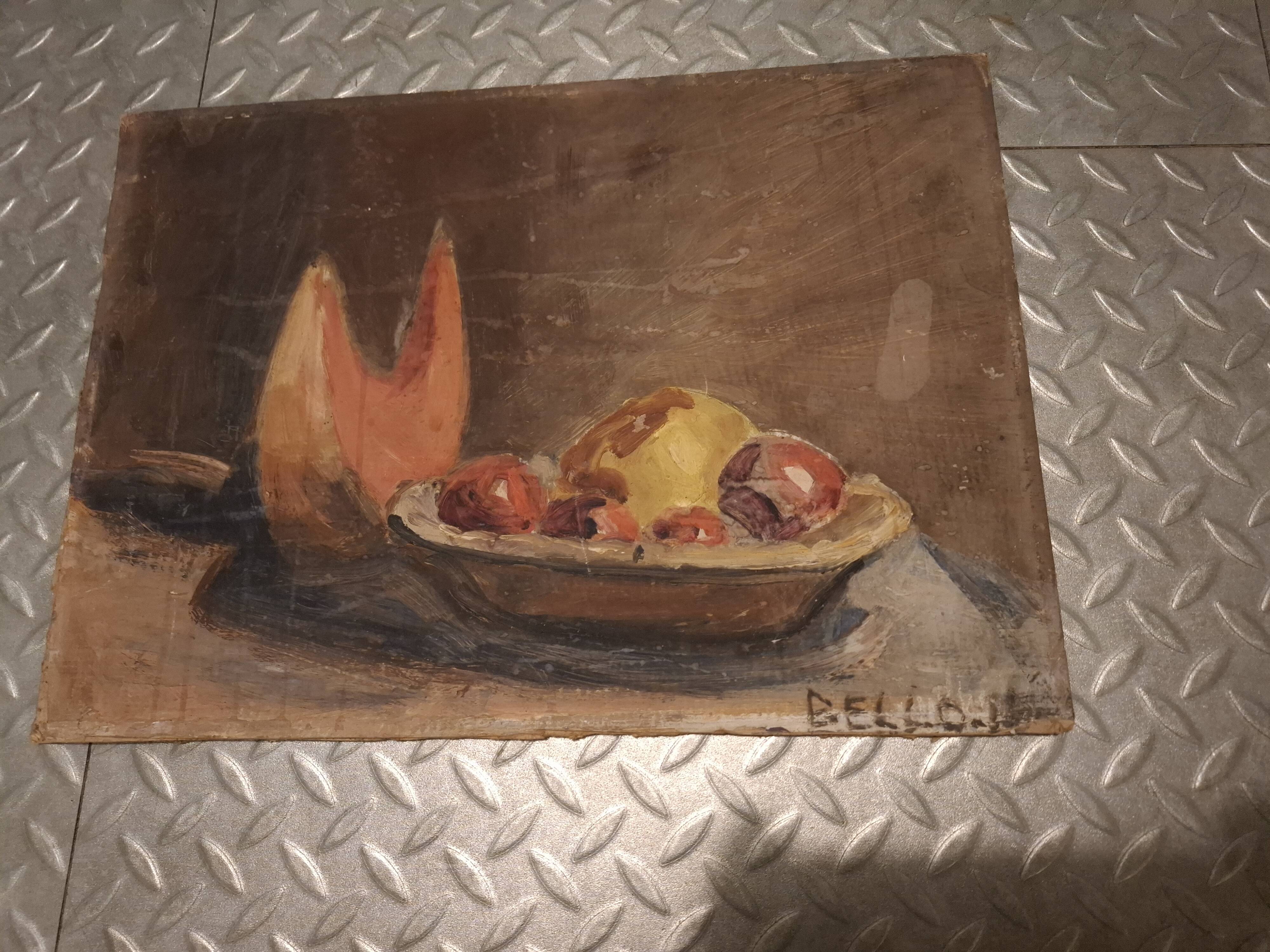 Tableau , huile sur carton  , nature morte coupe de fruit signée Bello