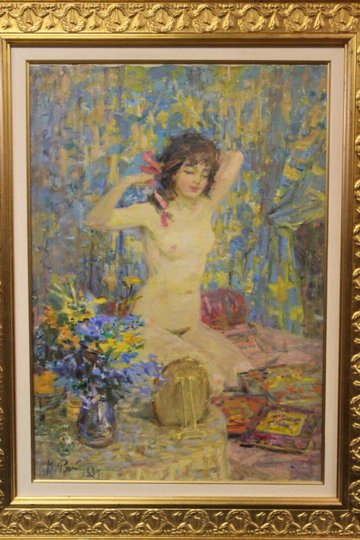 Oil on canvas young woman with a pink knot by riasnianski