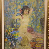 Oil on canvas young woman with a pink knot by riasnianski