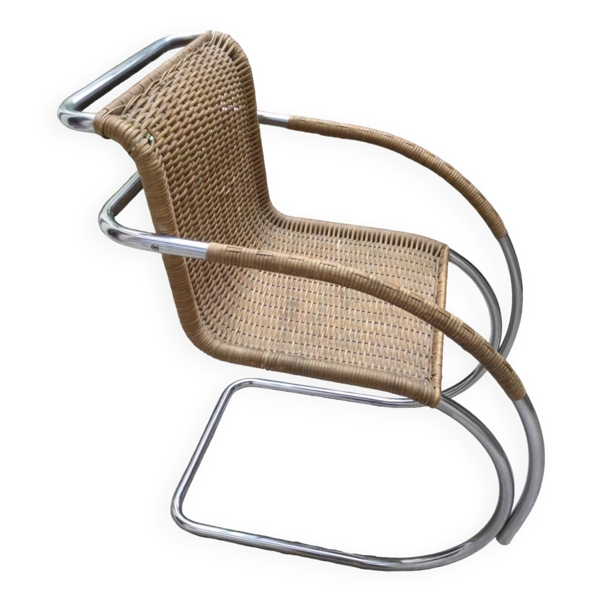 Ludwig van der Rohe MR12 rattan and tubular chrome armchair