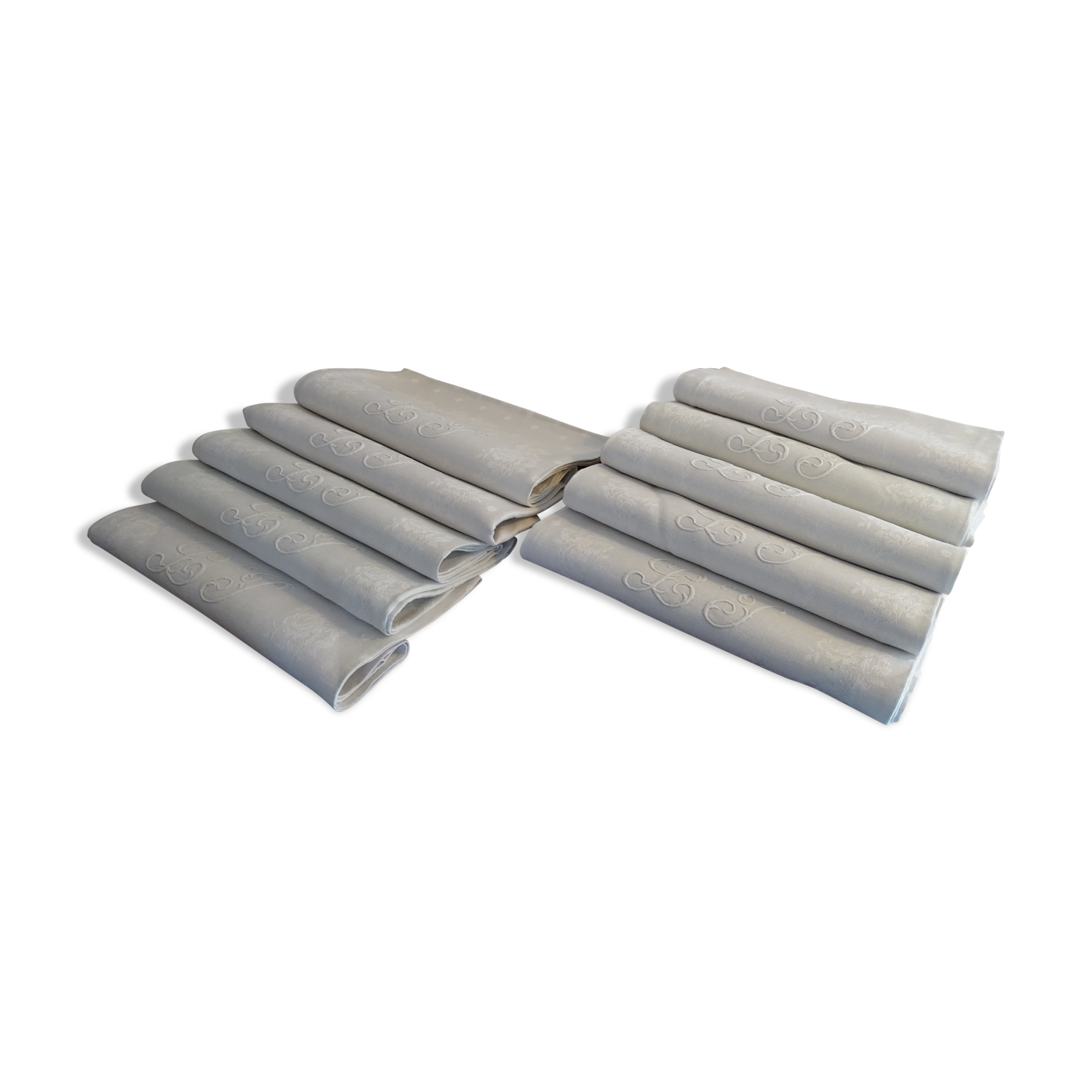 10 old embroidered napkins with L.J monogrammed damask cotton