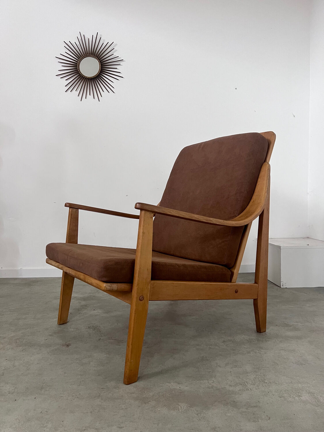 Old Scandinavian designer armchair from the 60s in vintage solid beech