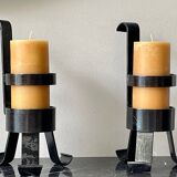 Pair of vintage brutalist iron candlesticks