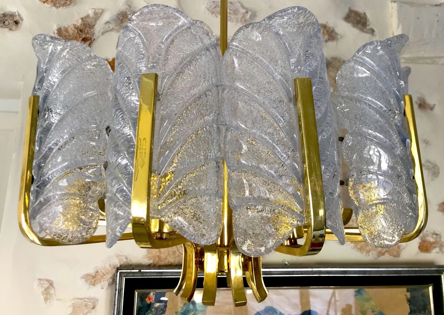 Chandelier Carl Fagerlund by Orrefors with 10 Murano leaves 1960