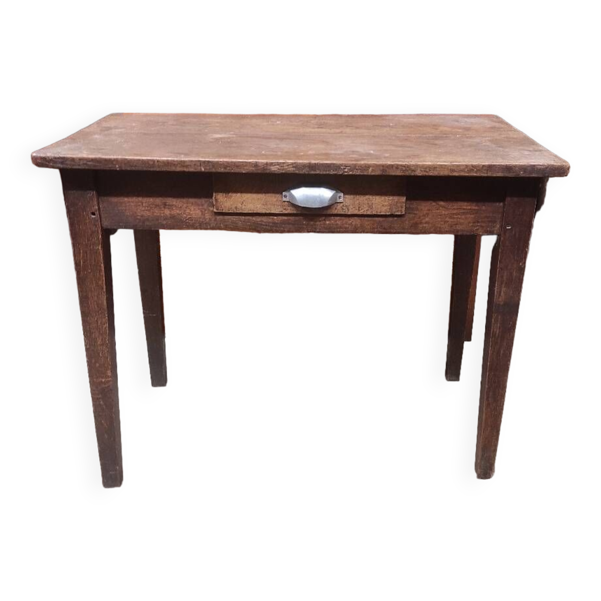 Small rustic children's table in old oak wood with drawer and shell handle