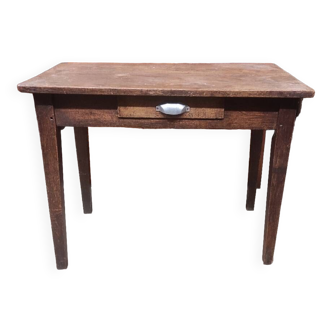 Small rustic children's table in old oak wood with drawer and shell handle
