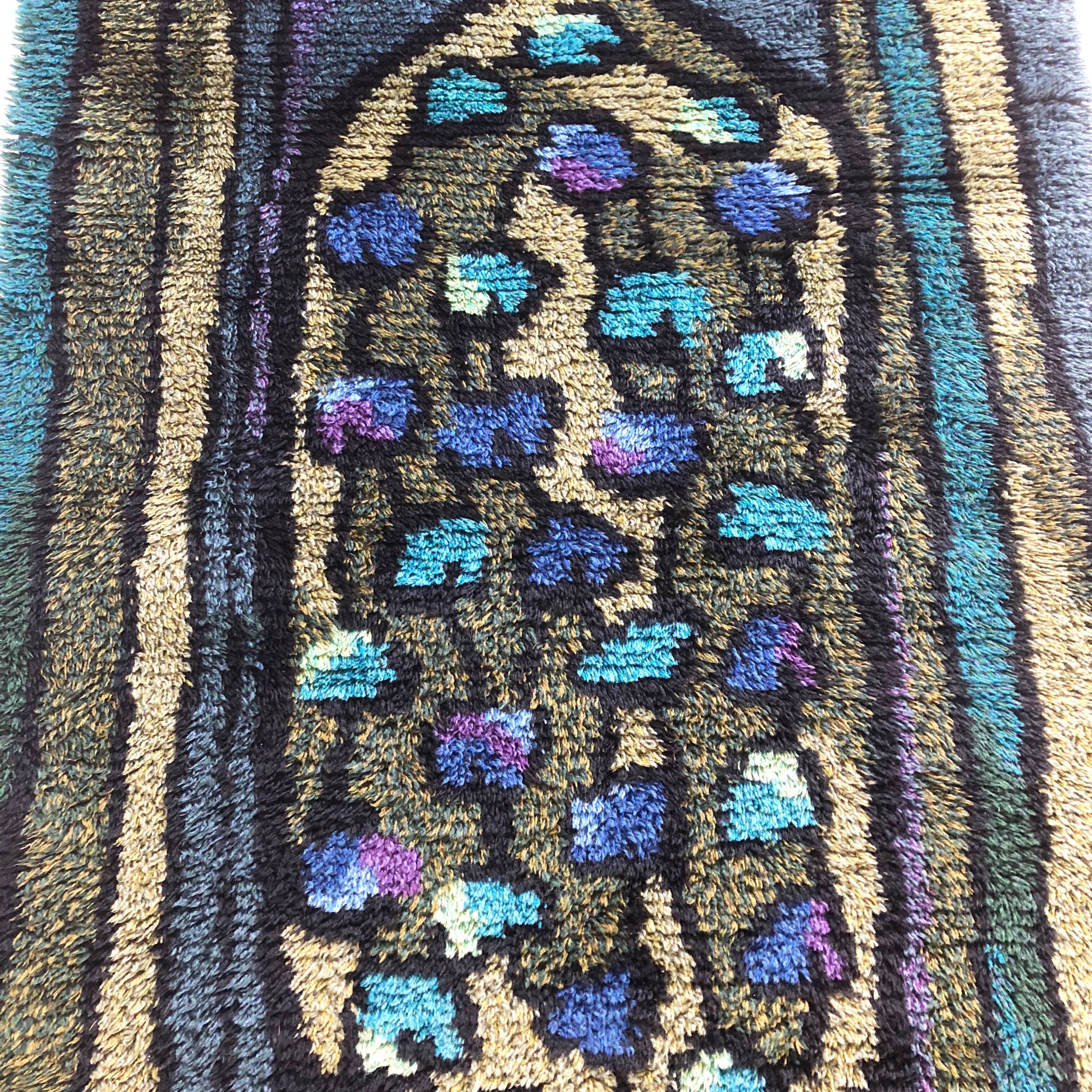 Original Abstract Scandinavian High Pile Abstract Rya Rug Carpet, Sweden, 1960s 115x195cm