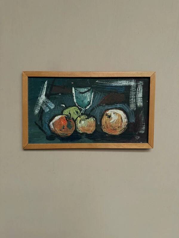 Oil on panel "Still life with fruits" by unknown artist, vintage & framed 43×25cm