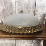 Ancien plafonnier verre gravé + contour métal doré vintage