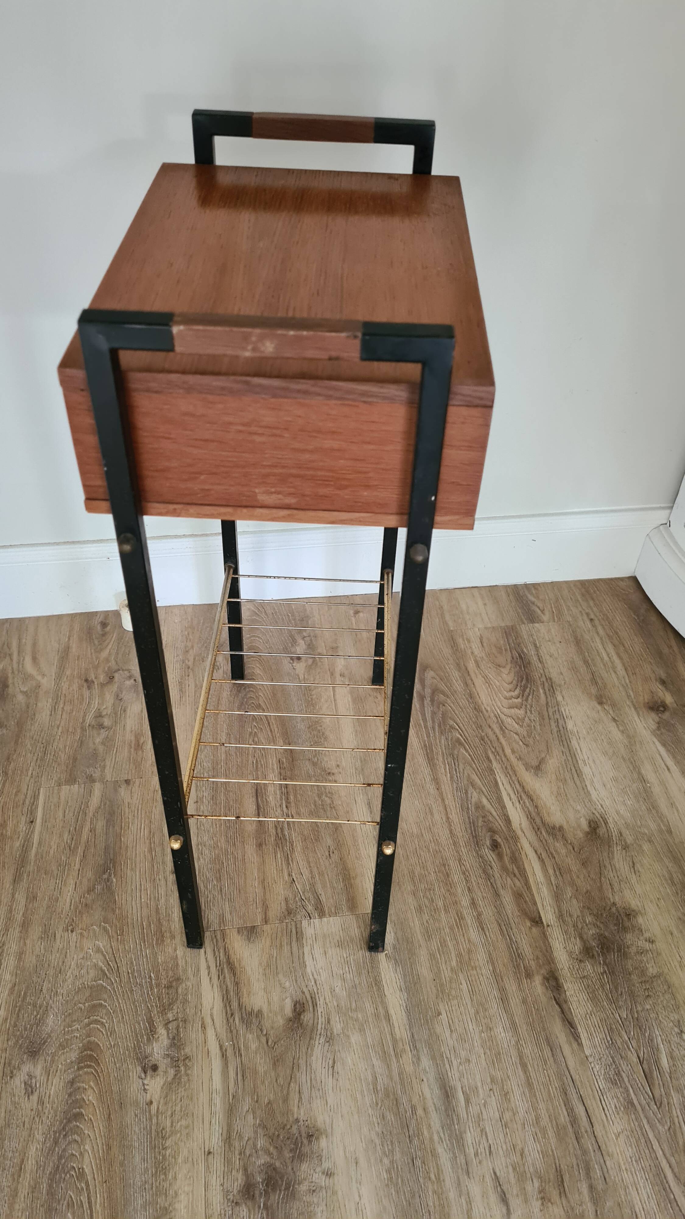 Pierre Guariche style bedside table, wood and metal, vintage, 60s