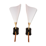 Pair of vintage 50s brass and fluted plexiglass sconces