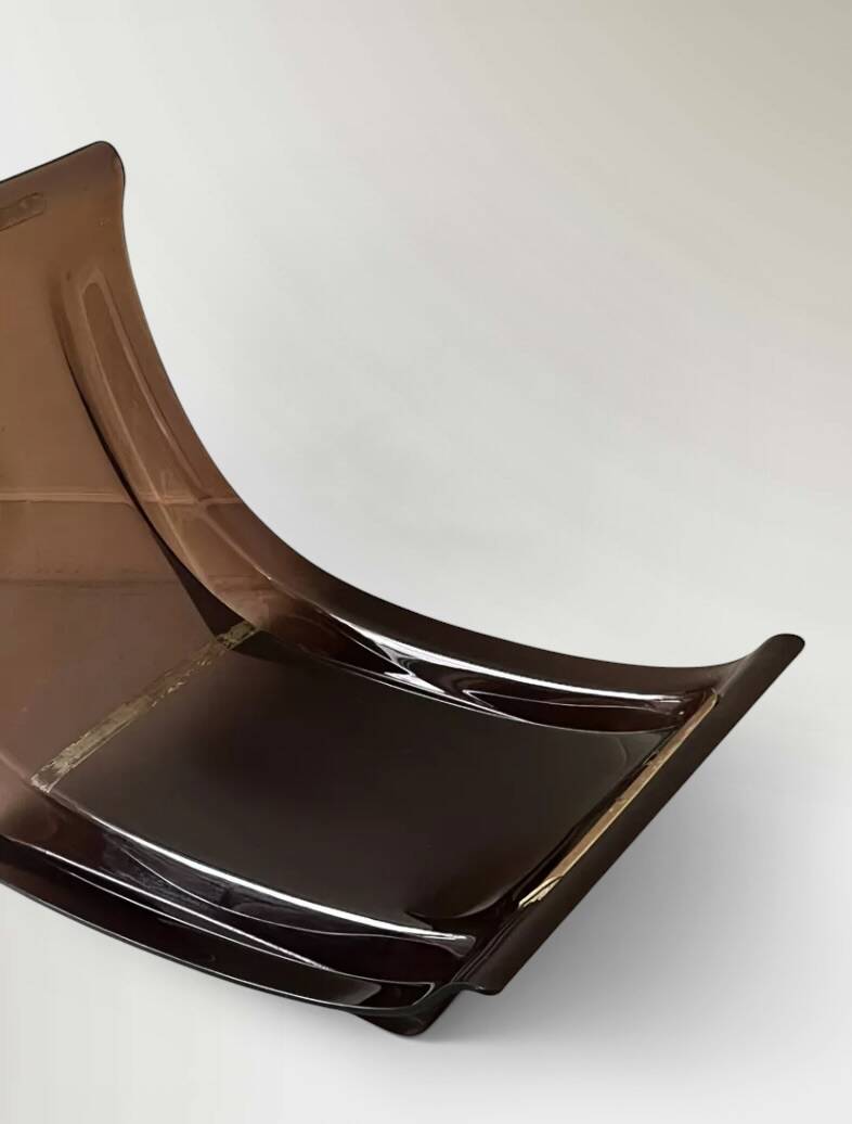 2 Marsala armchairs in plexiglass & brown patchwork leather, Ligne Roset 1970