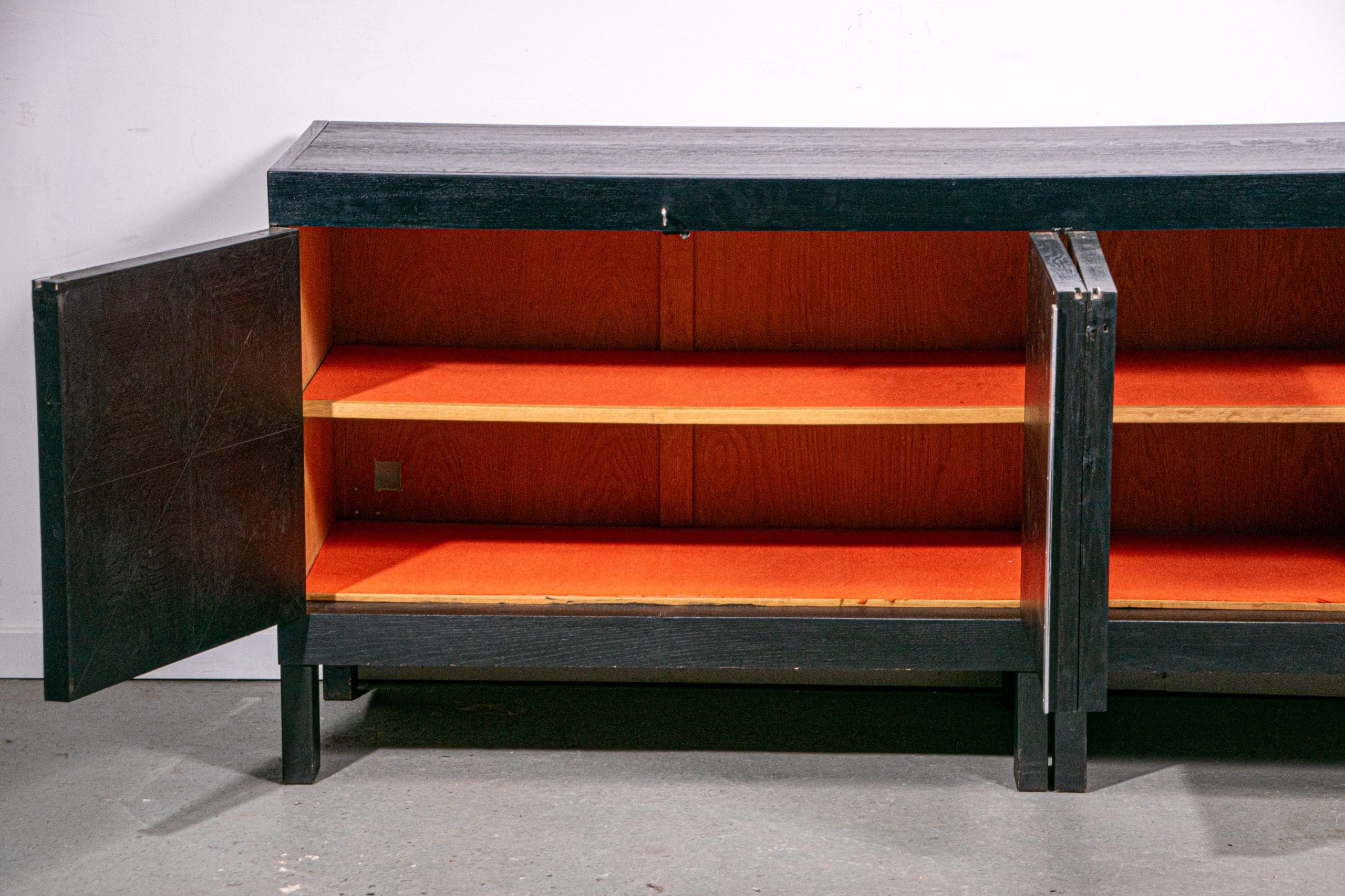 Black oak brutalist sideboard by Jean Batenburg with graphical doors for MI, Belgium