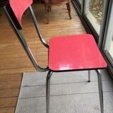 Table set and 2 vintage vintage pale red formica chairs