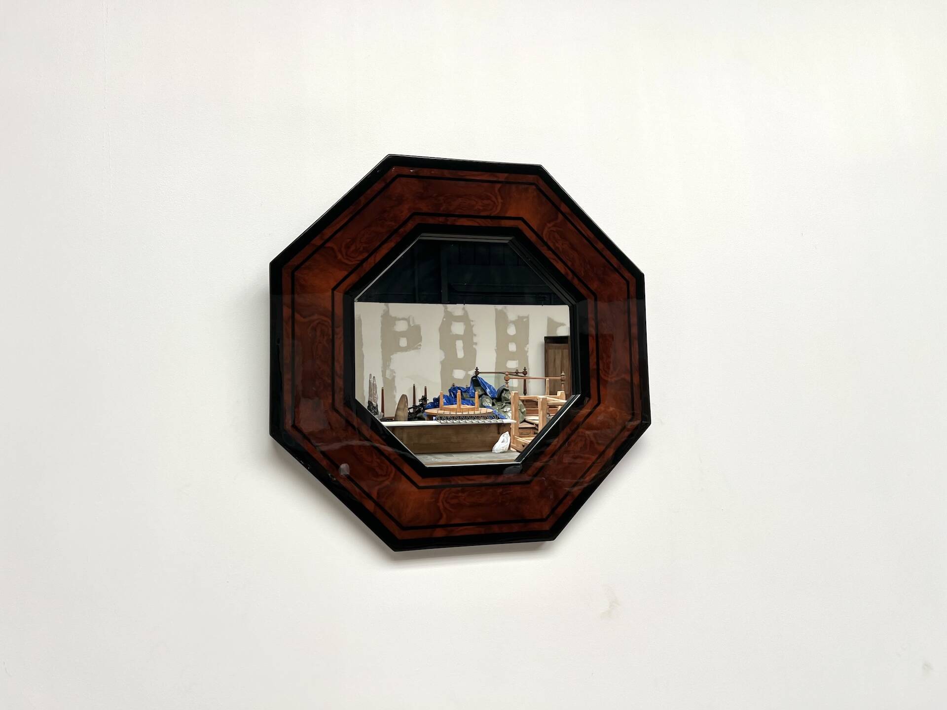 Octagonal wooden mirror by Jean-Claude Mahey