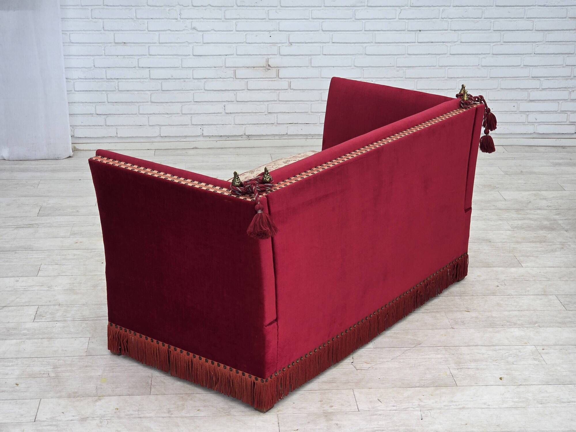 1970s, Danish 2-seater "Spanish" drop arm sofa, furniture velour.