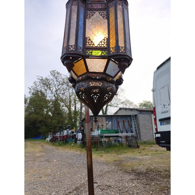 North African lantern suspension in brass and coloured glass.