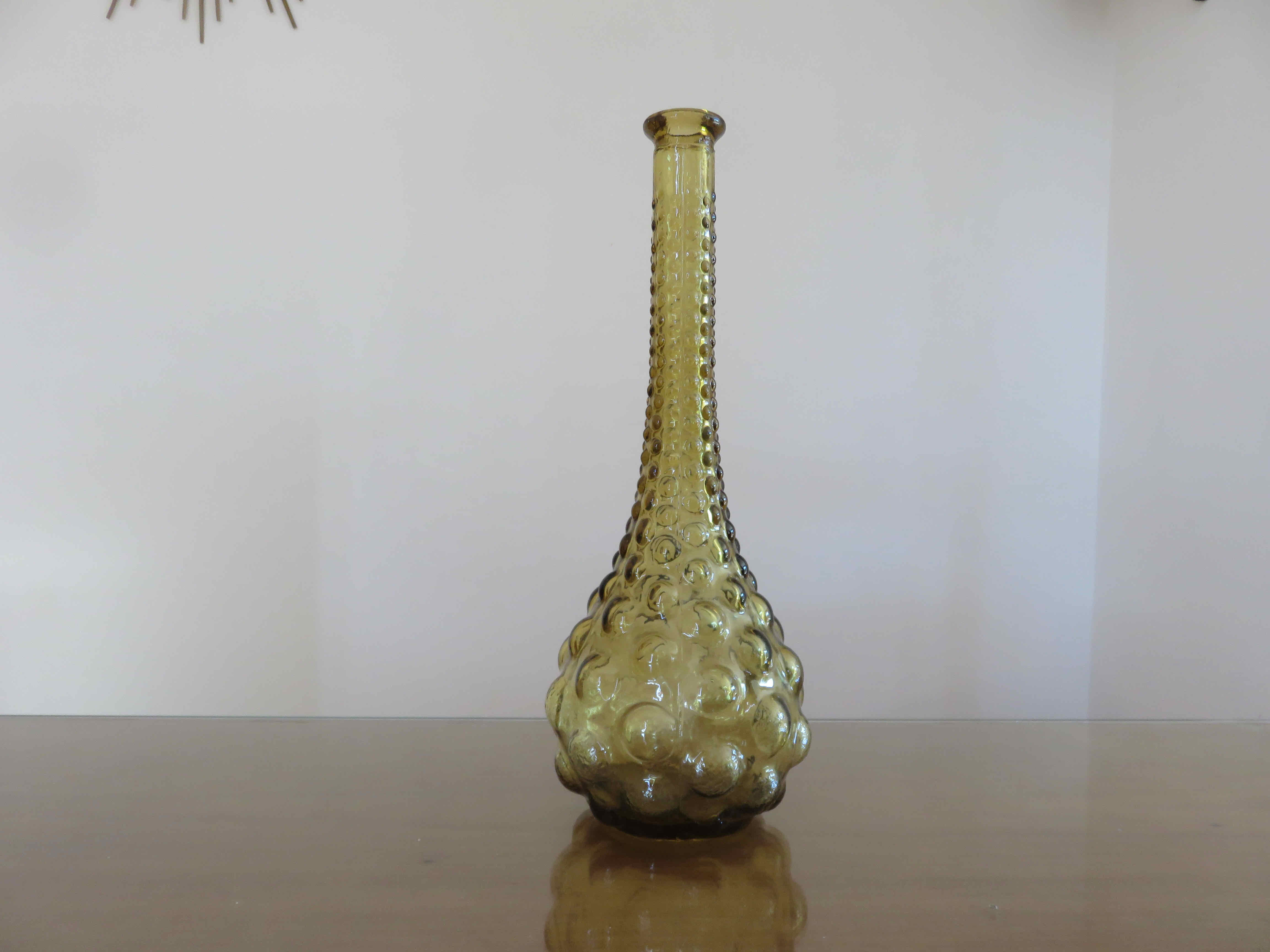 Bottle, carafe, Empoli, Italy, yellow bubbled glass, 60s 70s