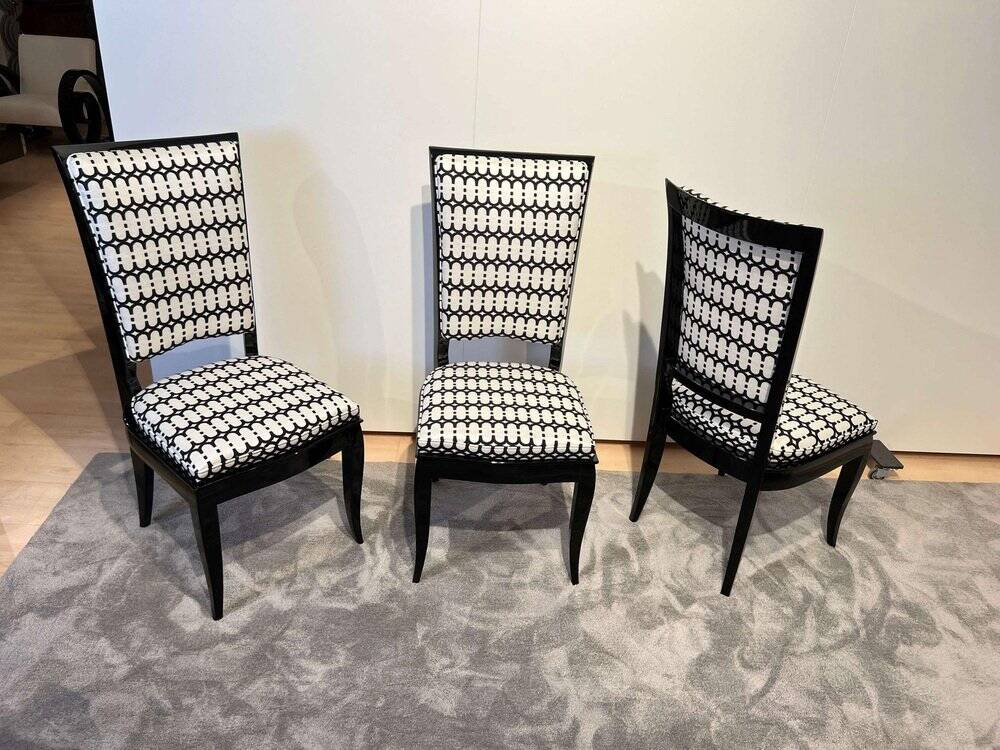 Art Deco High Back Black Lacquered Dining Chairs, France, 1930s, Set of 6
