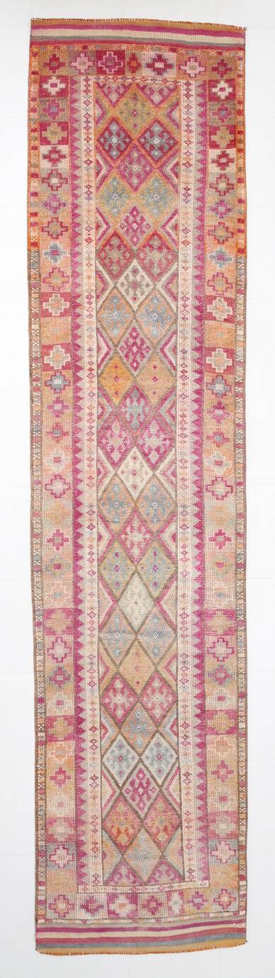Tapis couloir kilim vintage, Tons pastel rose, bleu et beige, 94x409