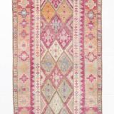 Tapis couloir kilim vintage, Tons pastel rose, bleu et beige, 94x409