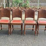 4 Art Deco gondola chairs in solid oak with burgundy faux leather, 1930s.