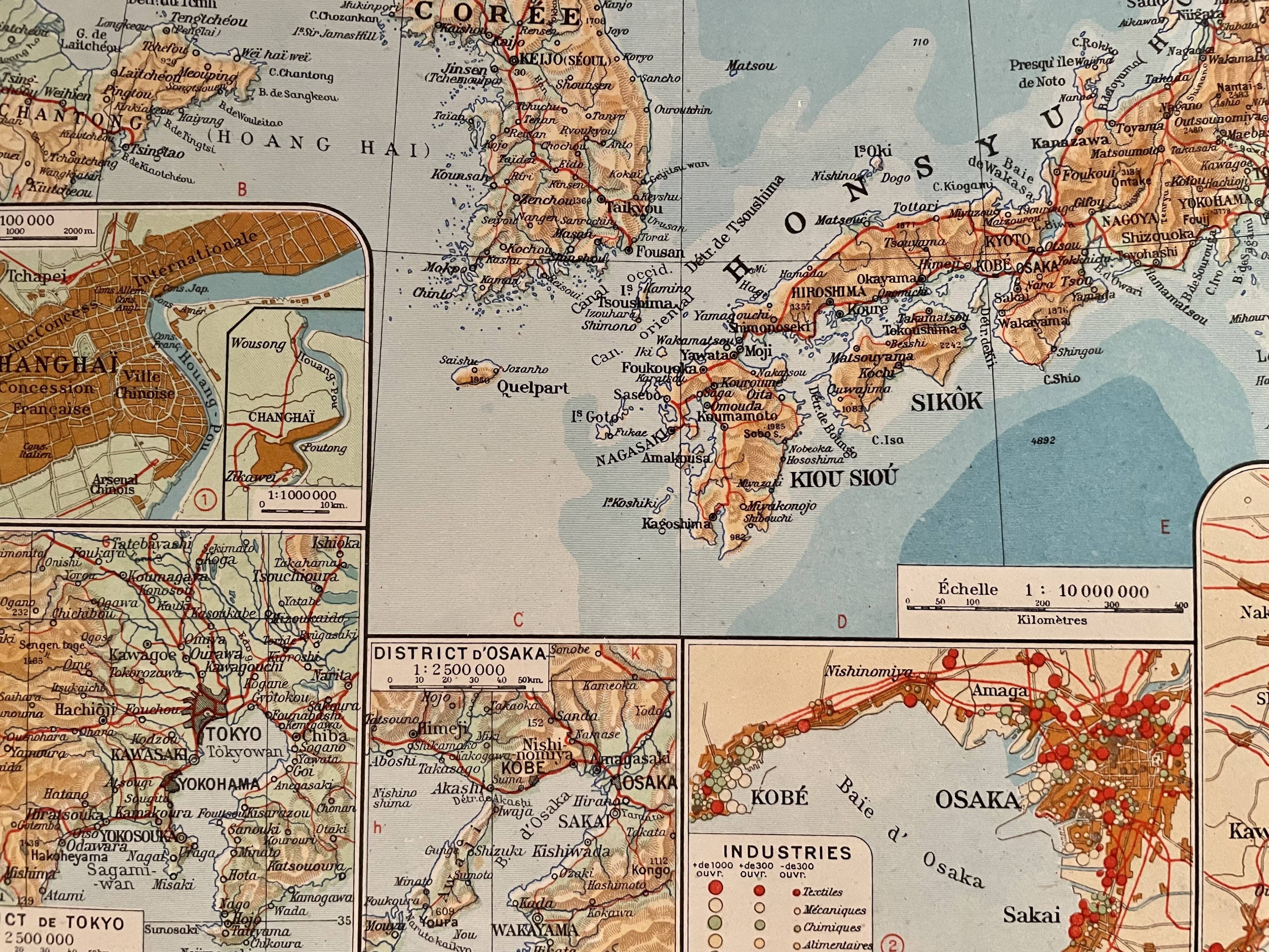 Old map of Korea, Japan and Manchuria from 1945