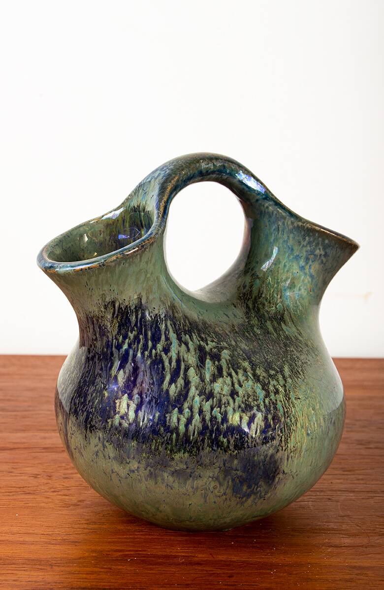 Art Deco double-necked vase in iridescent green flamed stoneware by Alphonse Cytère.