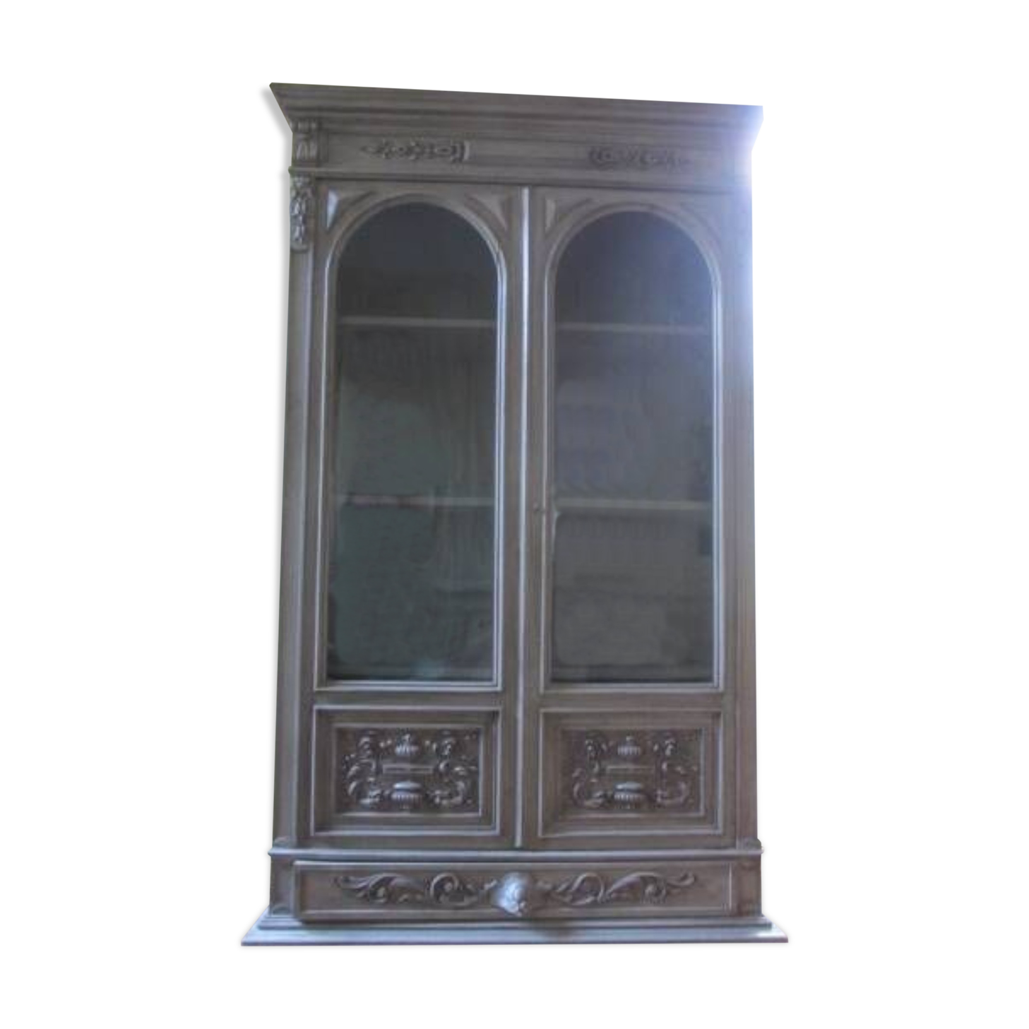 Antique carved buffet display cabinet with gray patina