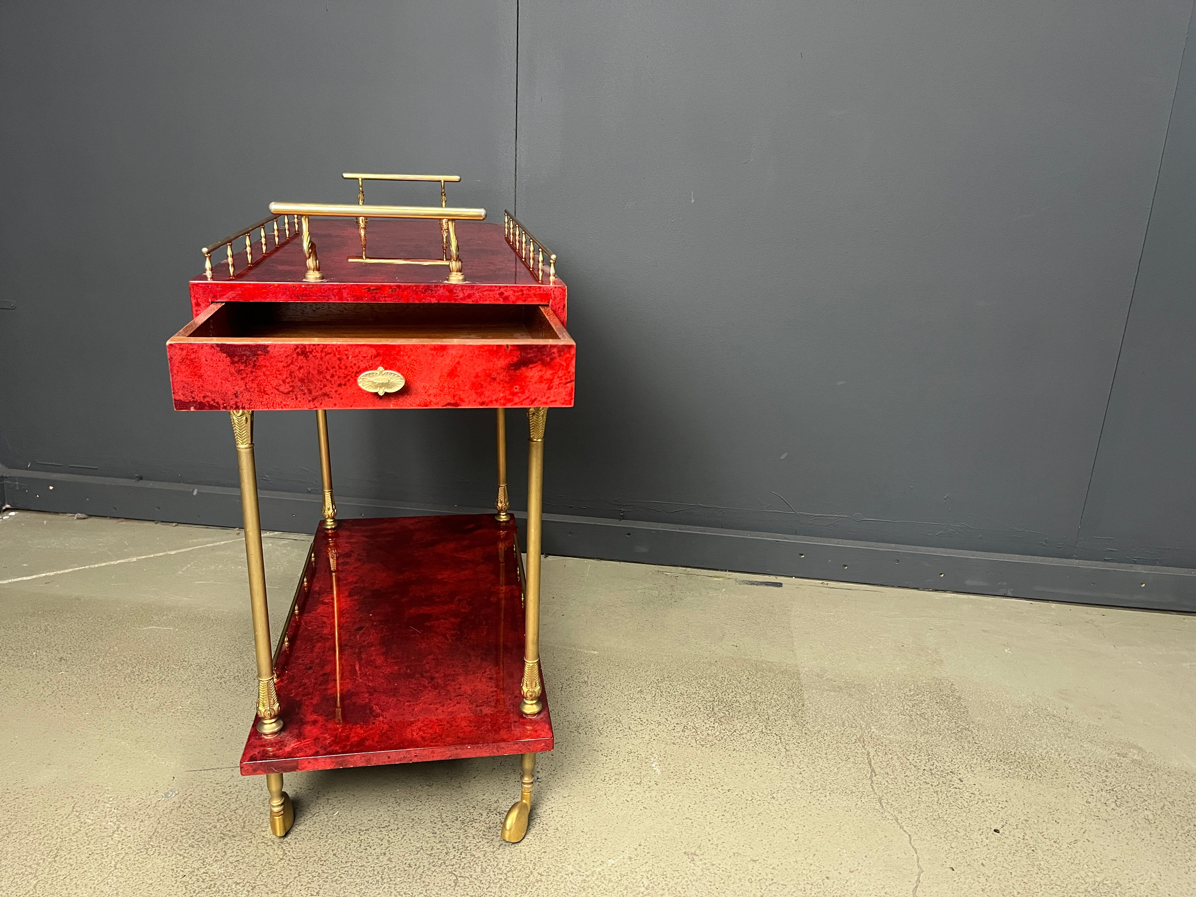 Rare Italian lacquered goatskin / parchment serving bar cart by Aldo Tura, 1960s