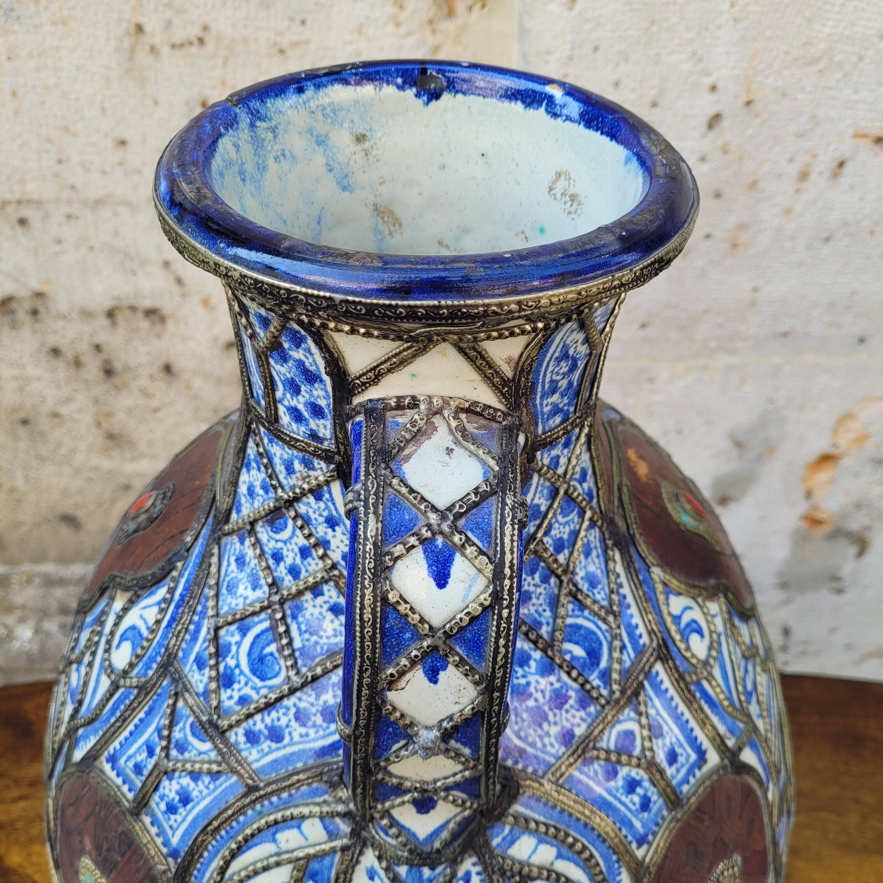 Filigree vase, ceramic, leather, enamel and metal, 19th century - Safi, Morocco