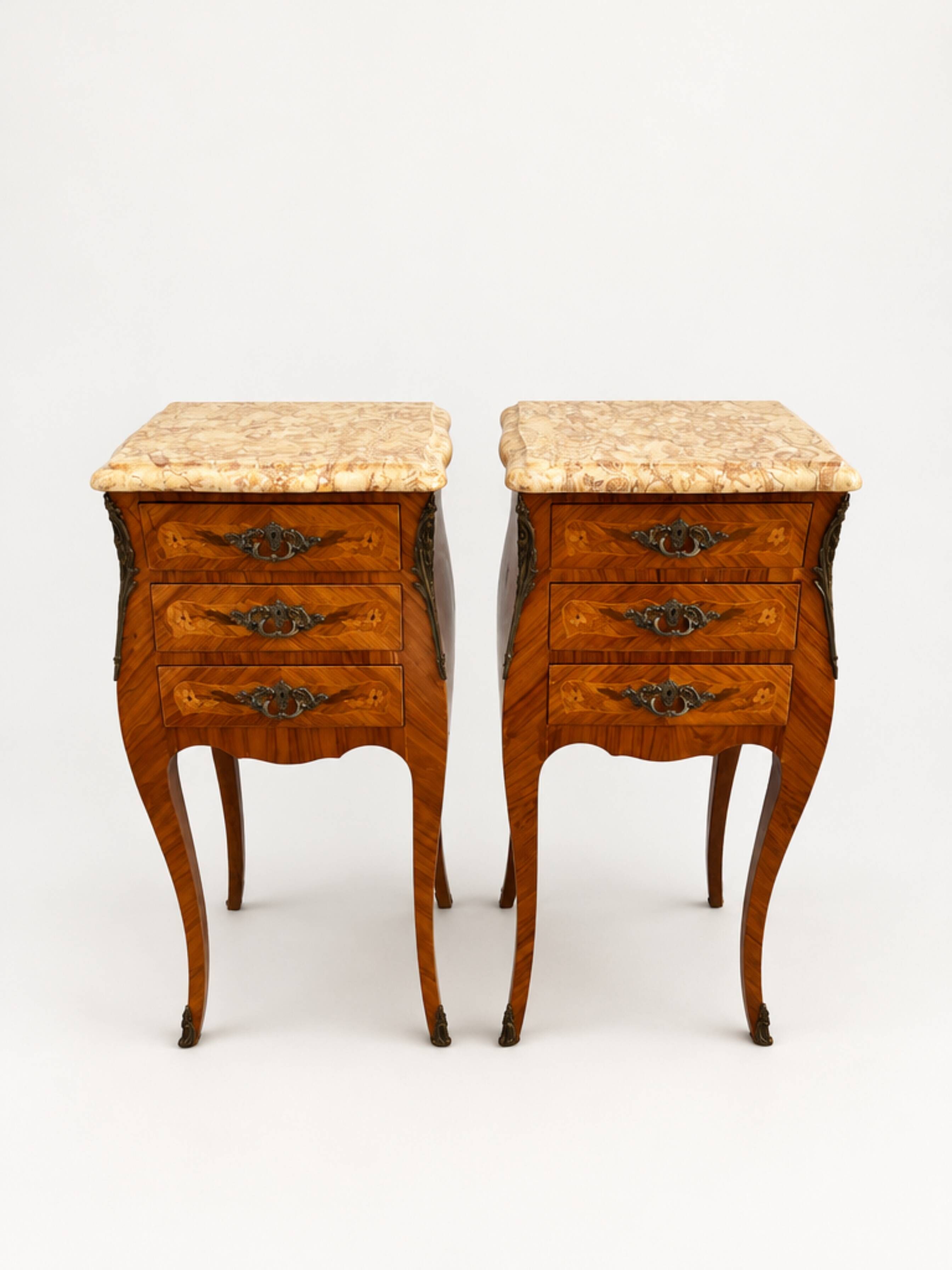 Pair French Rosewood Nightstands, Louis XV Marquetry Bedside Tables