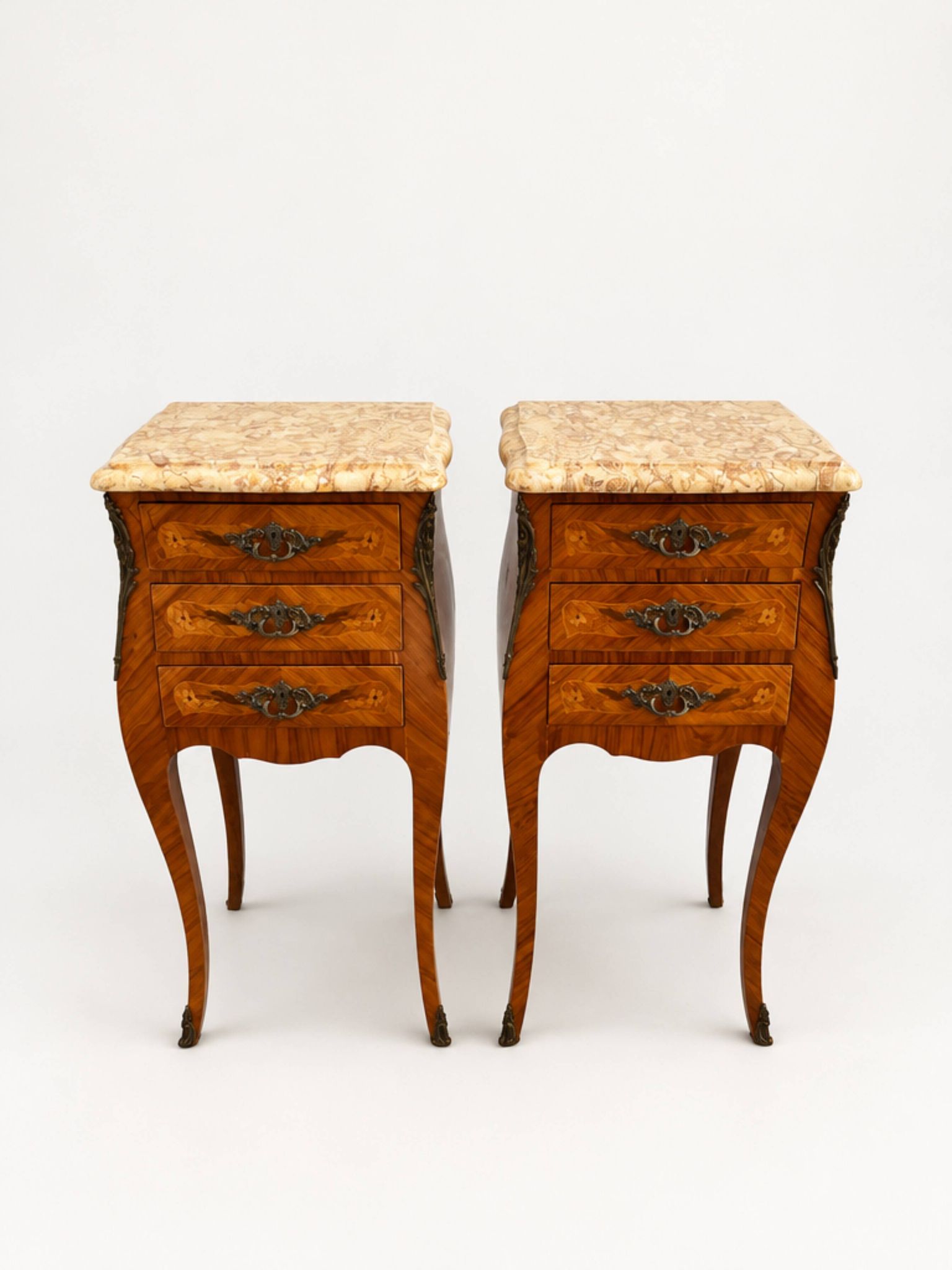 Pair of French rosewood bedside tables, Louis XV marquetry nightstands.