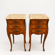 Pair of French rosewood bedside tables, Louis XV marquetry nightstands.